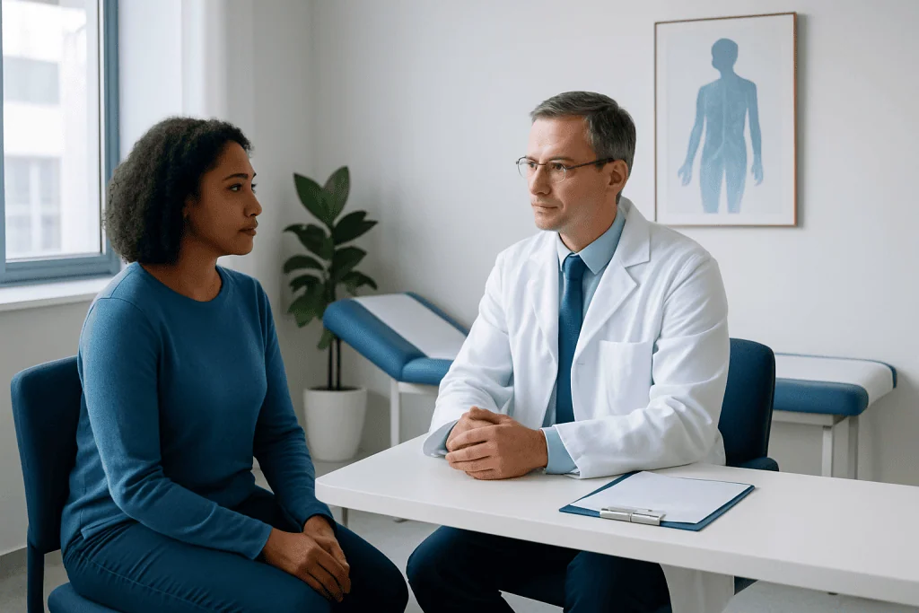 Doctor consulting with a patient in a modern medical office.