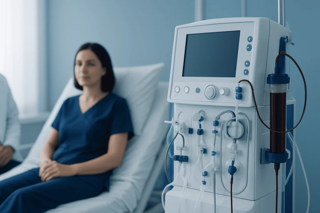 Patient in hospital bed with dialysis machine nearby.