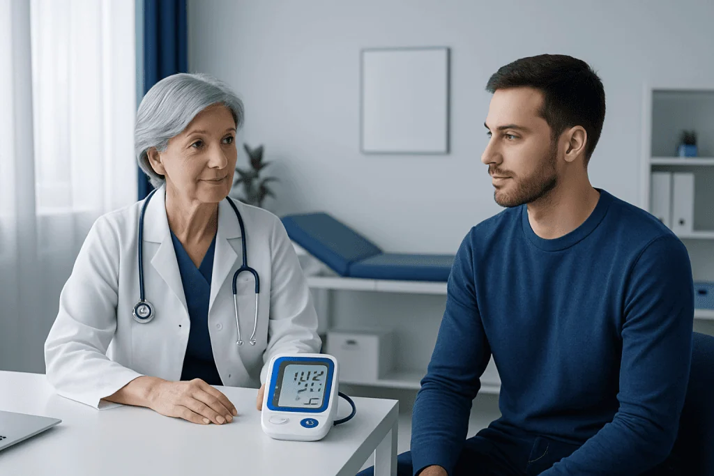 Doctor discussing blood pressure with patient in clinic setting.