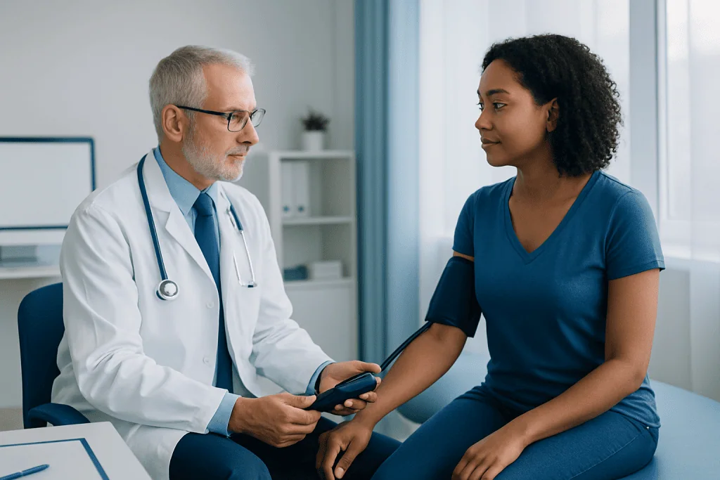 Doctor measuring patient's blood pressure in a medical consultation room.