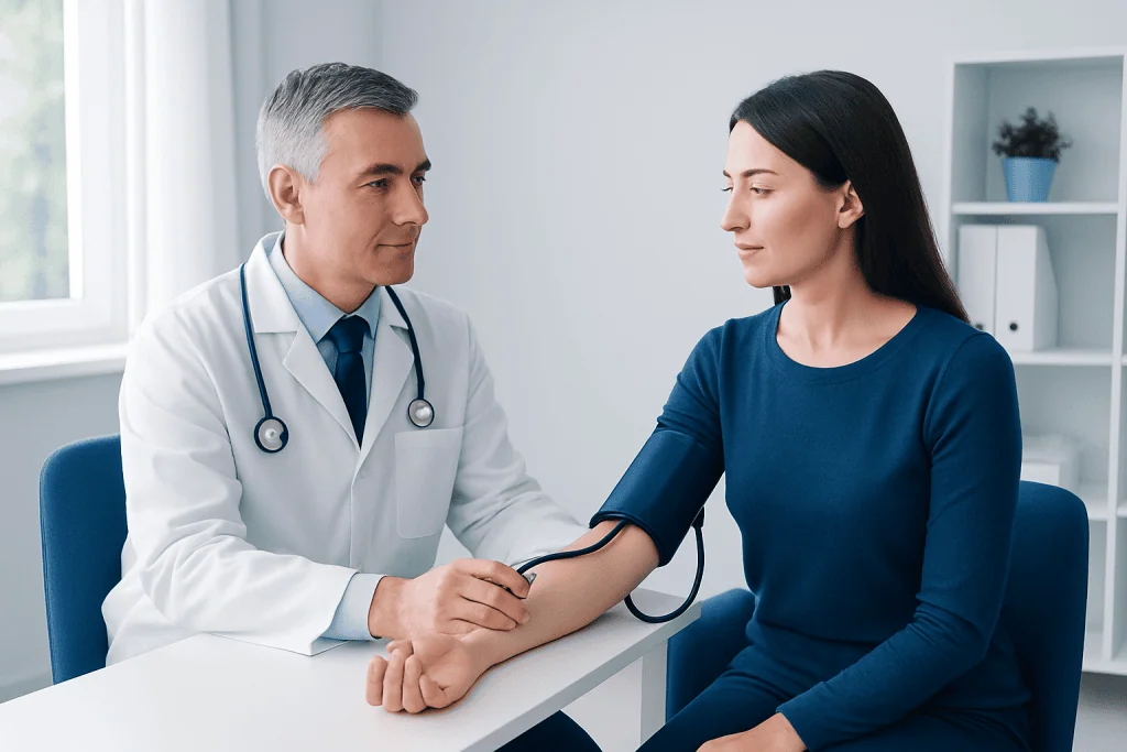 Doctor measuring patient's blood pressure in a clinical setting.