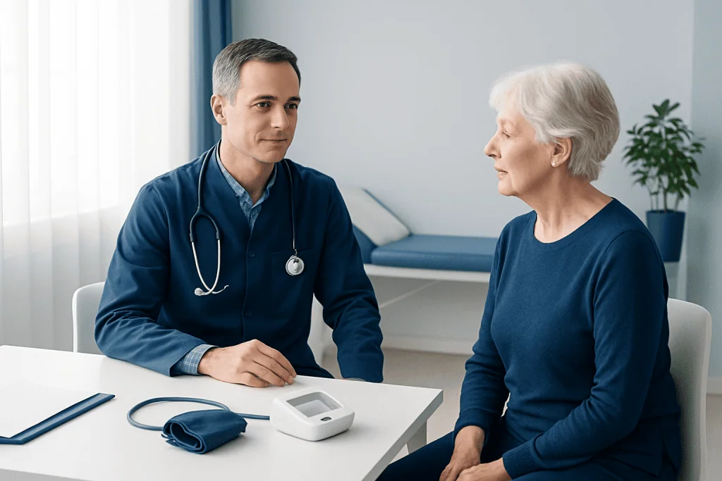 Doctor measuring blood pressure of elderly woman in clinic.