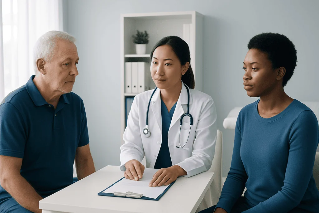 Doctor consulting with elderly male patient and young woman in clinic.