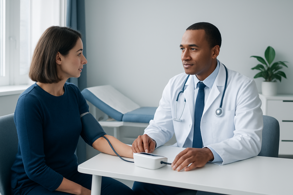 Doctor measuring blood pressure of a woman patient in clinic.