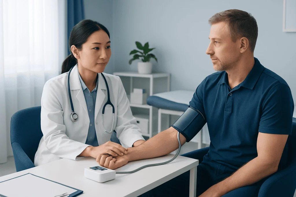Doctor measuring patient's blood pressure in a clinical setting.