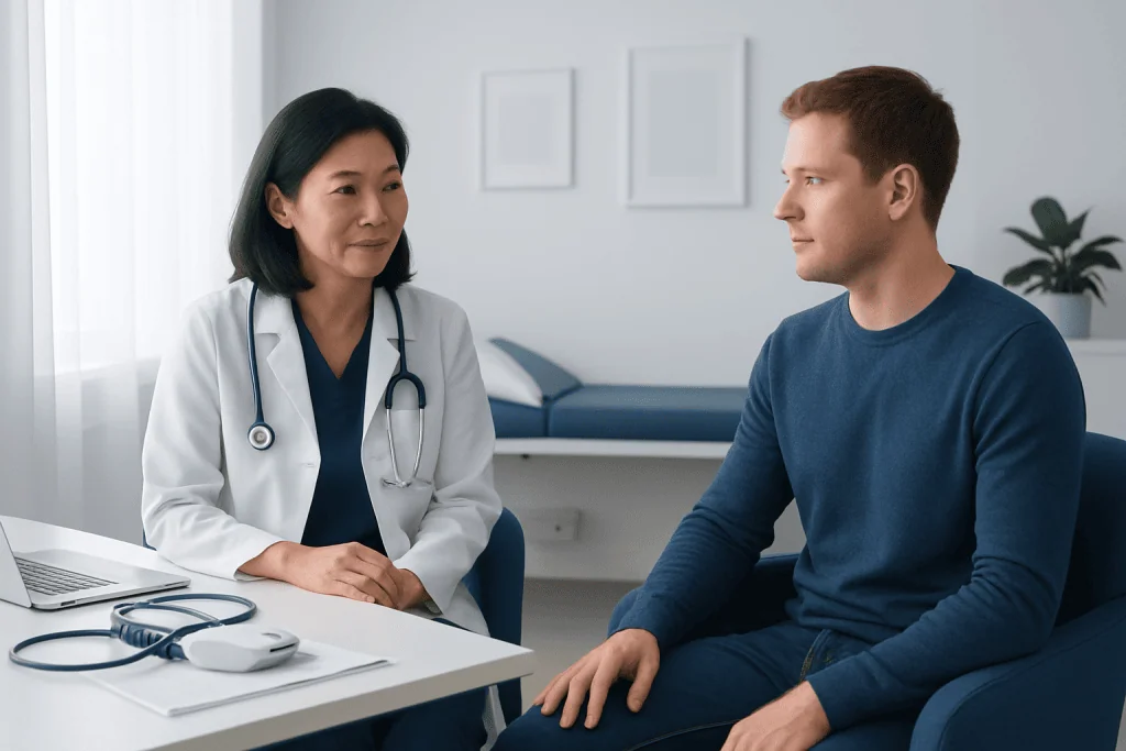Doctor consulting with a patient in a medical office setting.