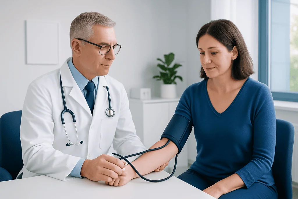 Doctor measuring patient's blood pressure in a clinical setting.