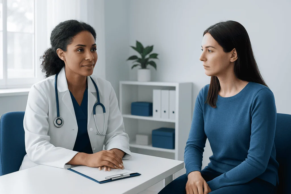 Doctor consulting with a patient in a modern medical office.