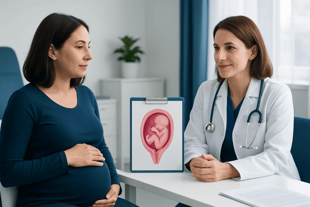 Doctor explaining pregnancy ultrasound to a pregnant woman at clinic.