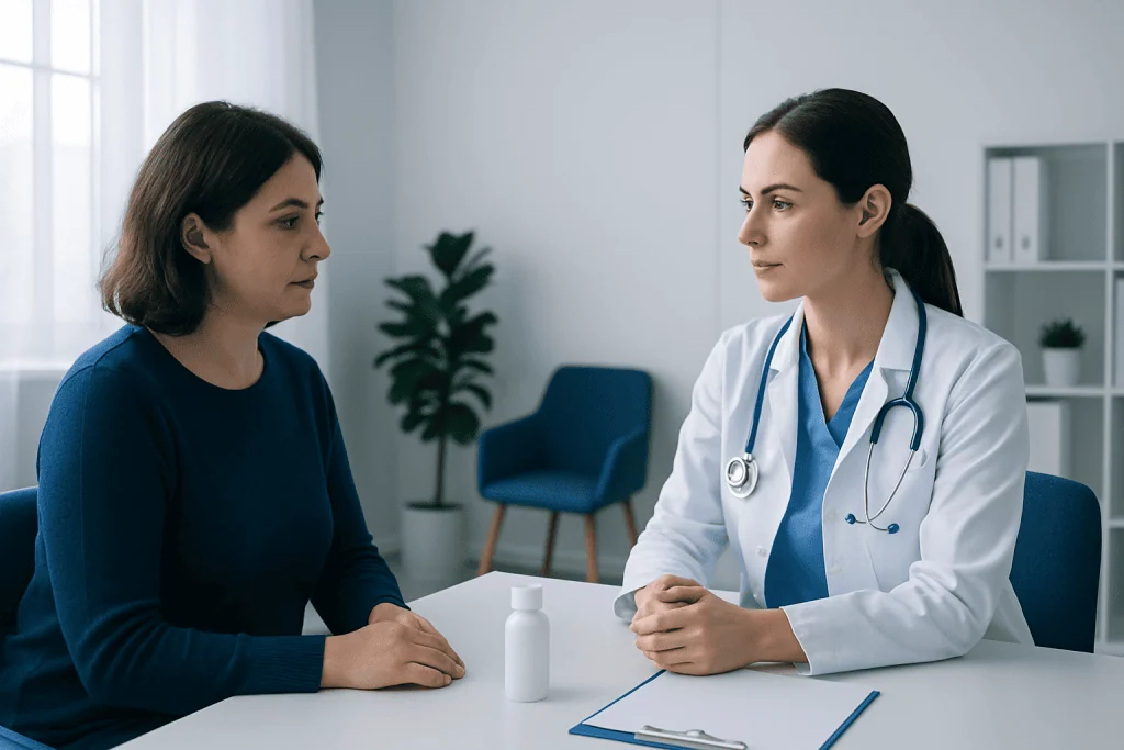 Doctor consulting with patient in a medical office setting.