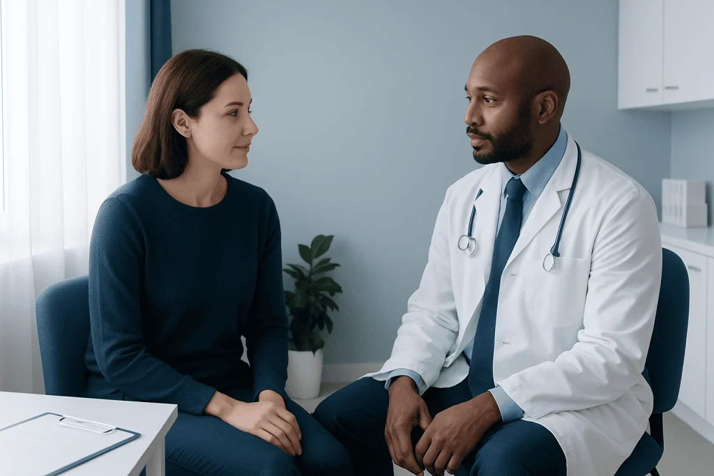Doctor consulting with a female patient in a medical office.