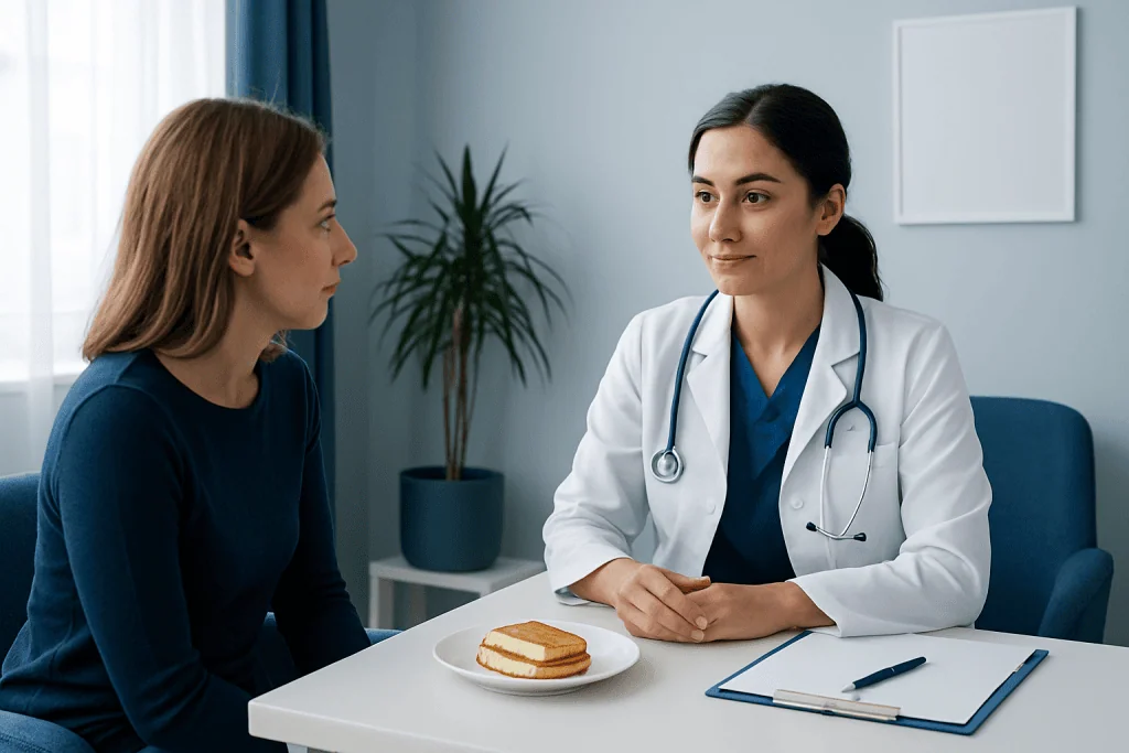 Doctor consulting a patient in a medical office with a slice of cake on the table.