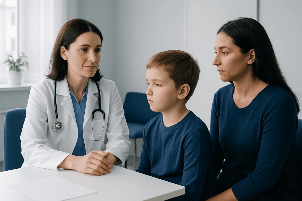Doctor consulting with a young boy and his mother in a medical office.