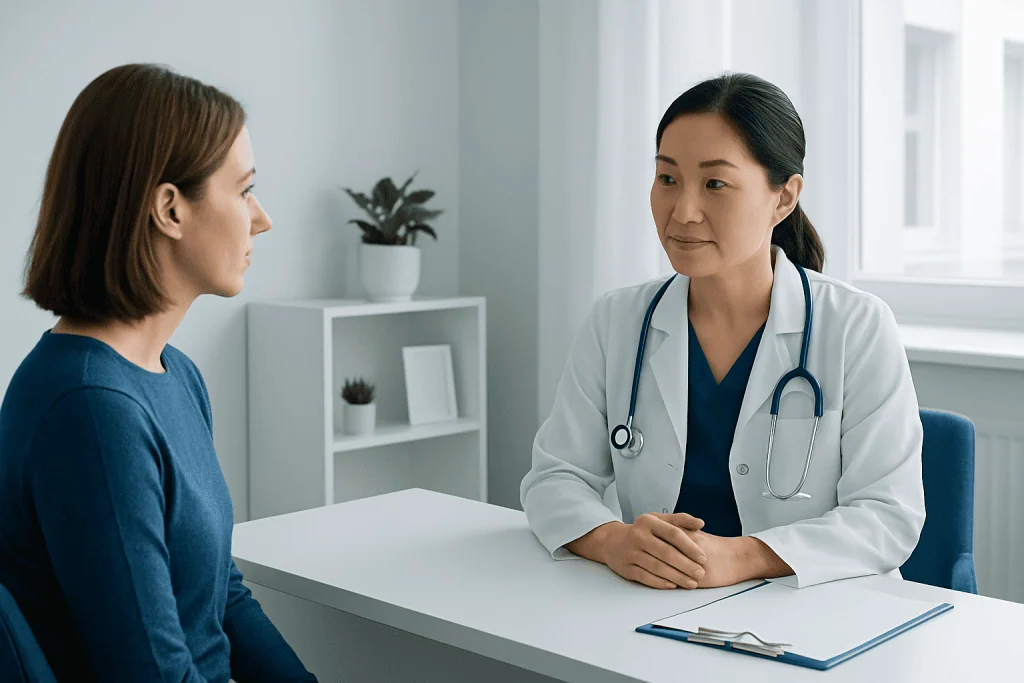 Doctor consulting with a female patient in a modern clinic setting.