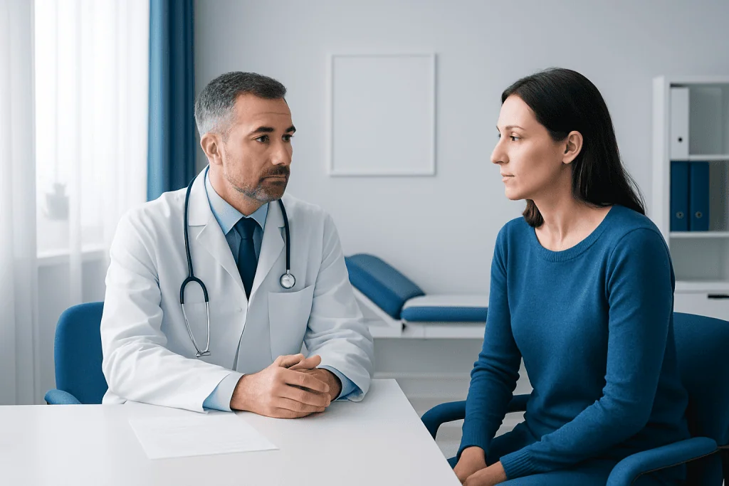 Doctor consulting with a female patient in a medical office.