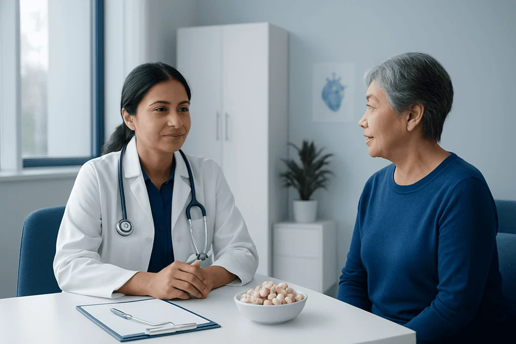 Doctor consulting elderly patient in a modern medical office.