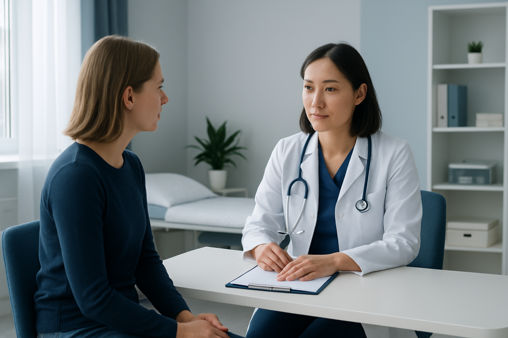 Doctor consulting with a patient in a modern medical office.
