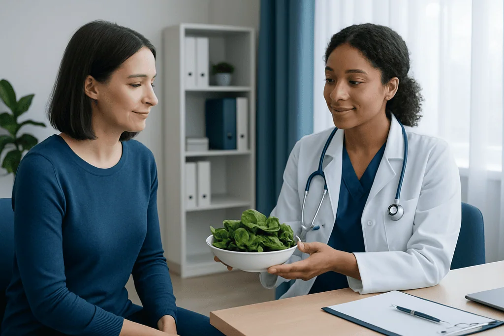 Doctor handing a bowl of spinach to a patient in a consultation room.