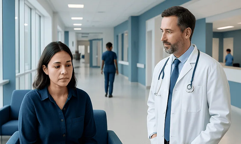 Doctor consulting a patient in a hospital corridor.