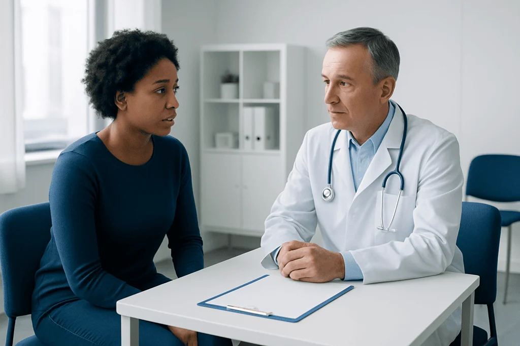 Doctor consulting with a female patient in a modern clinic setting.