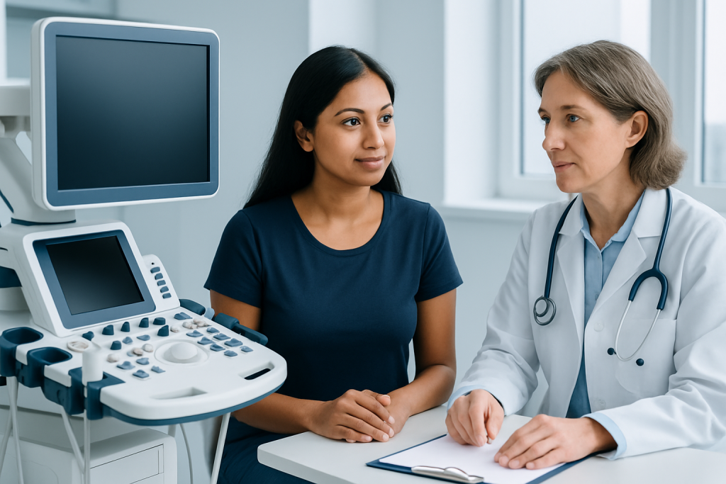 Doctor consulting with a patient in a medical examination room.