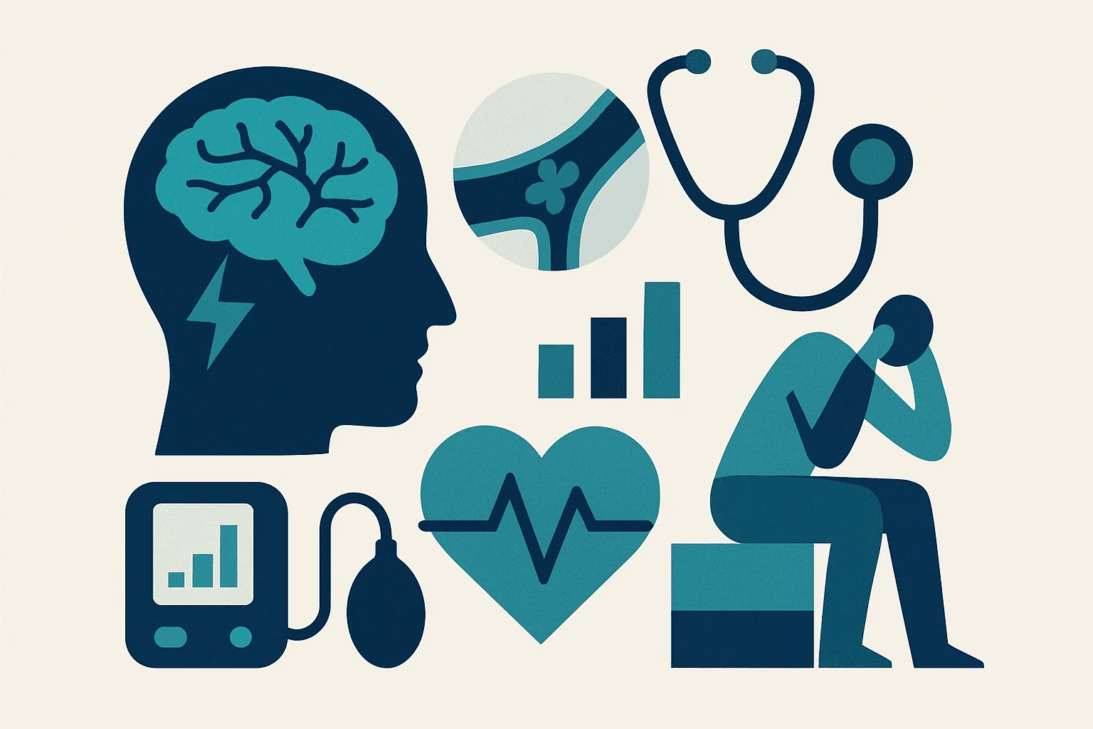 Medical icons representing stroke symptoms and treatment options.