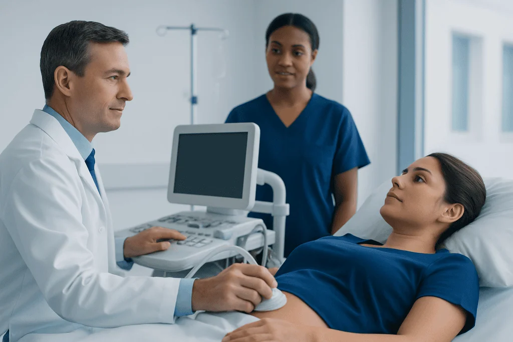 Doctor performing an ultrasound on a patient in a hospital room.