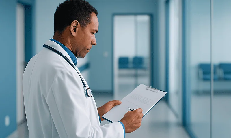 Doctor reviewing patient records in a modern hospital corridor.
