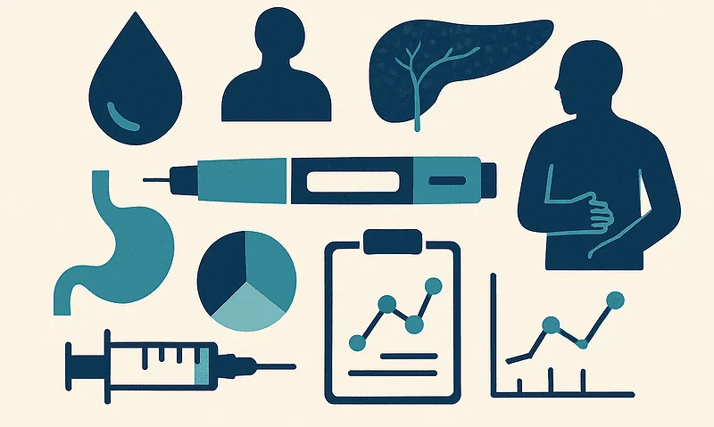 Medical icons including syringe, liver, stomach, and health data charts.