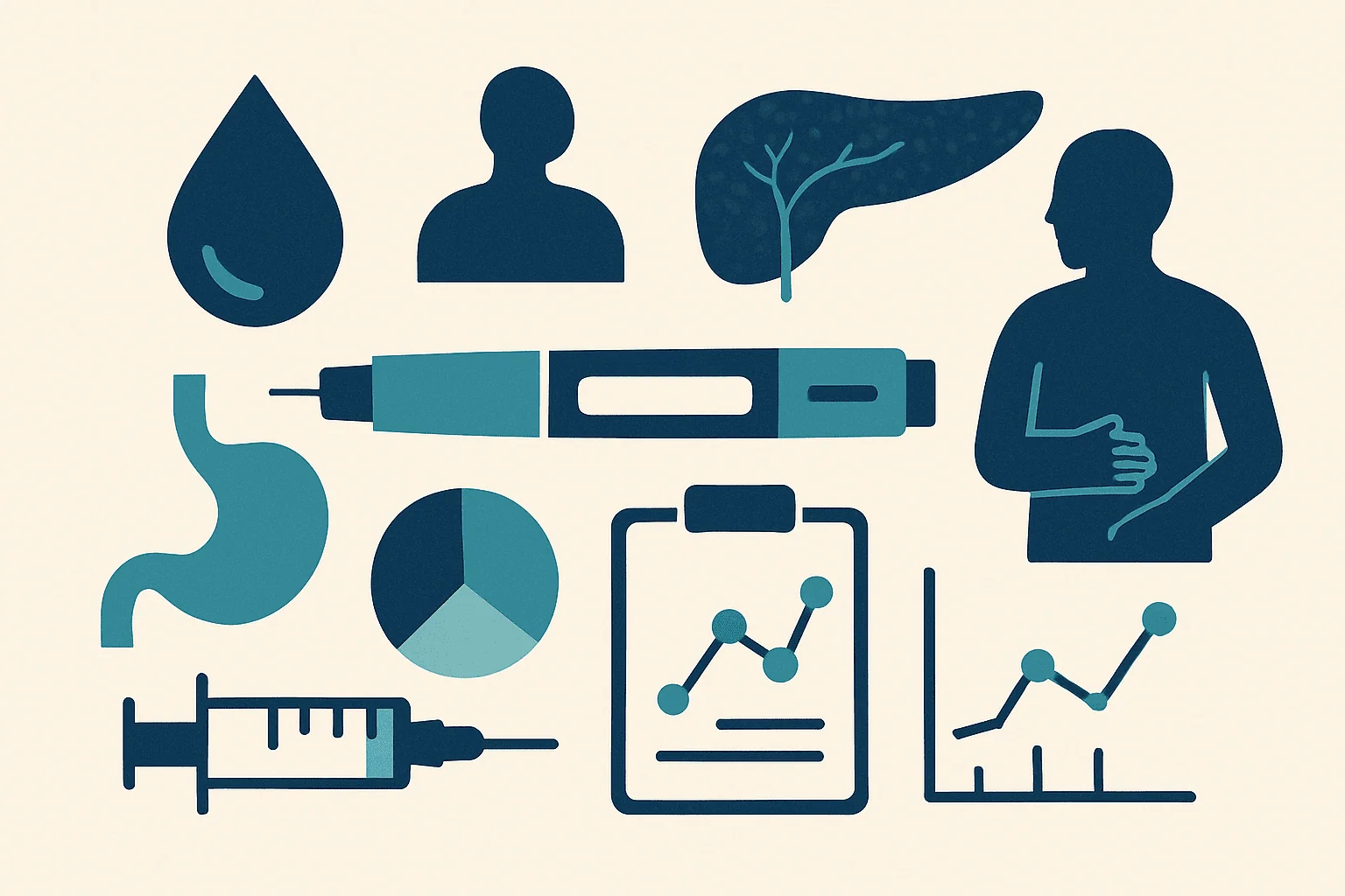 Medical icons including syringe, liver, stomach, and health data charts.