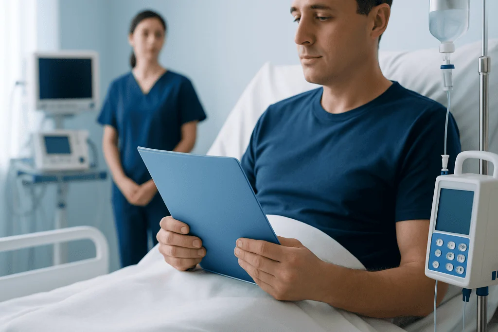 Patient using a tablet in hospital bed with medical staff nearby.