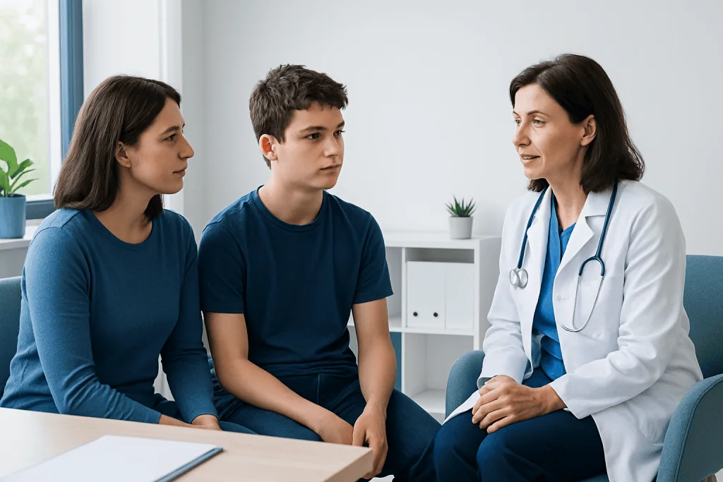 Doctor consulting with a teenage patient and parent in a medical office.