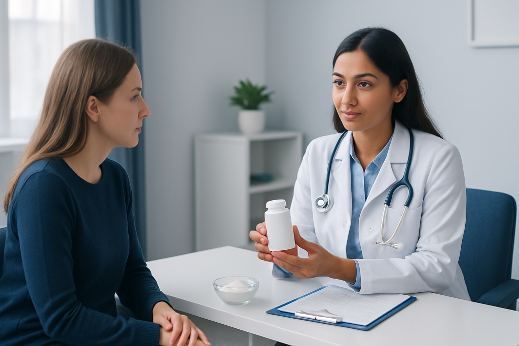 Doctor explaining collagen supplement options to patient in consultation room.