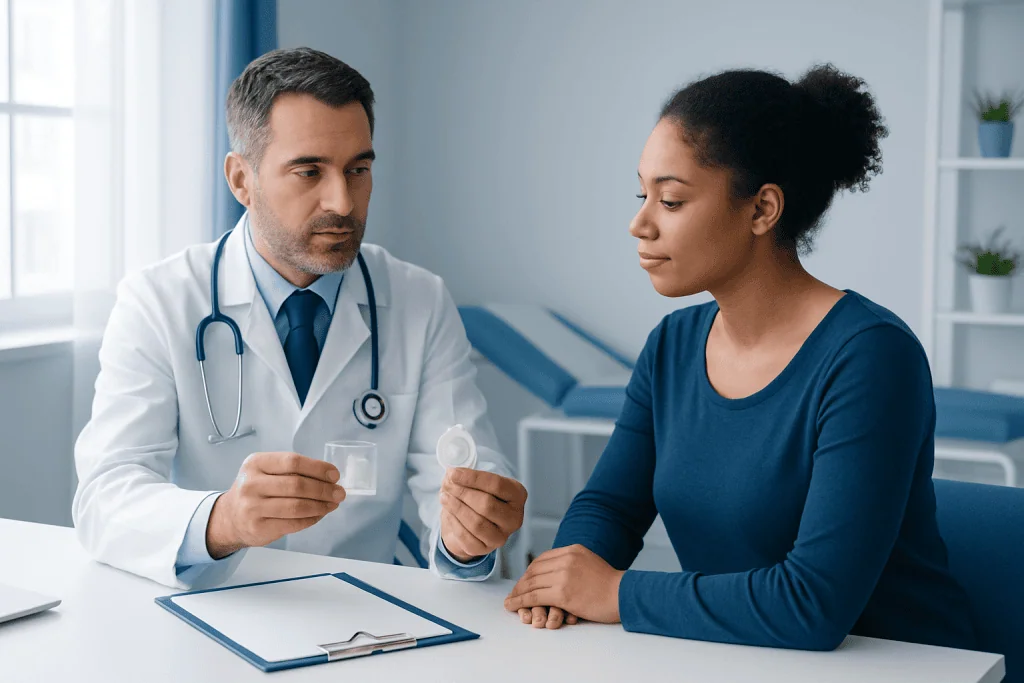Doctor explaining condom usage to a patient in a medical consultation.