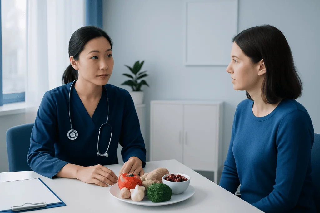 Doctor consulting with patient about blood thinning and diet options.