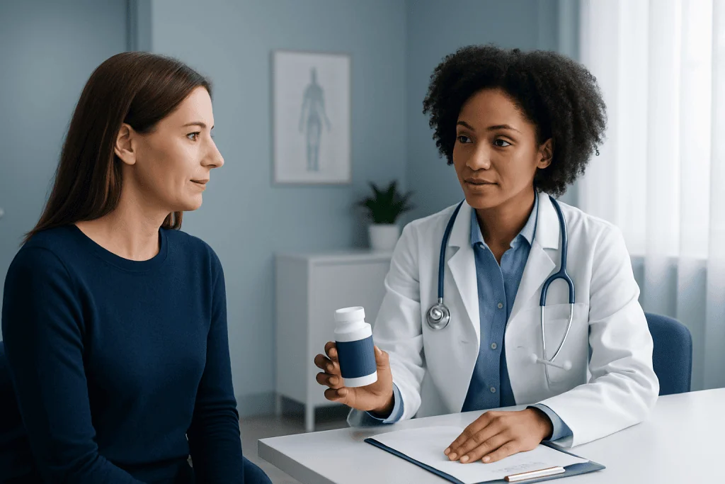 Doctor explaining medication to a patient in a clinical setting.