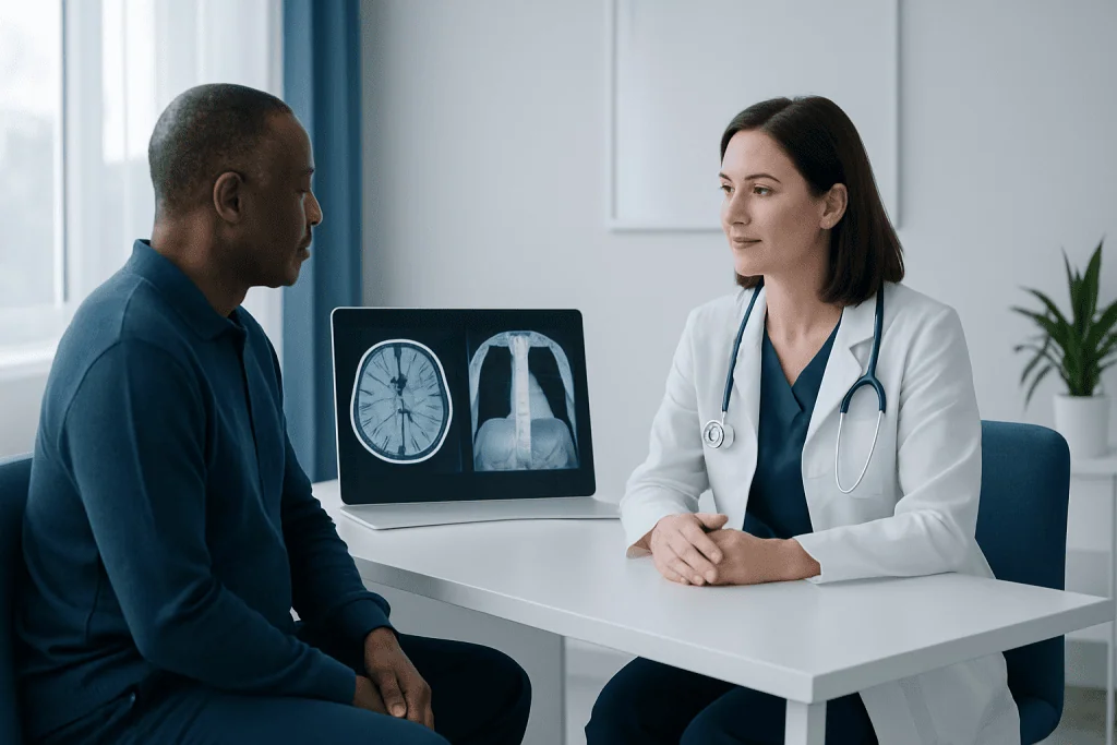 Doctor consulting with patient about MRI and CT scan images in clinic.