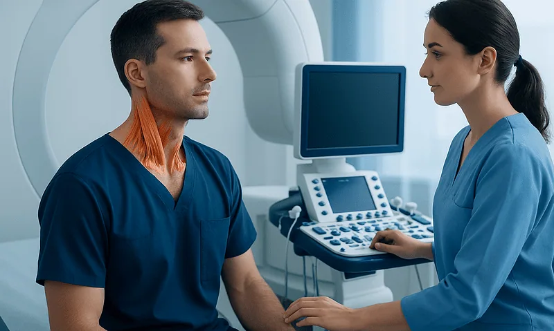 Patient undergoing neck scan at Acibadem Hospital with medical staff present.