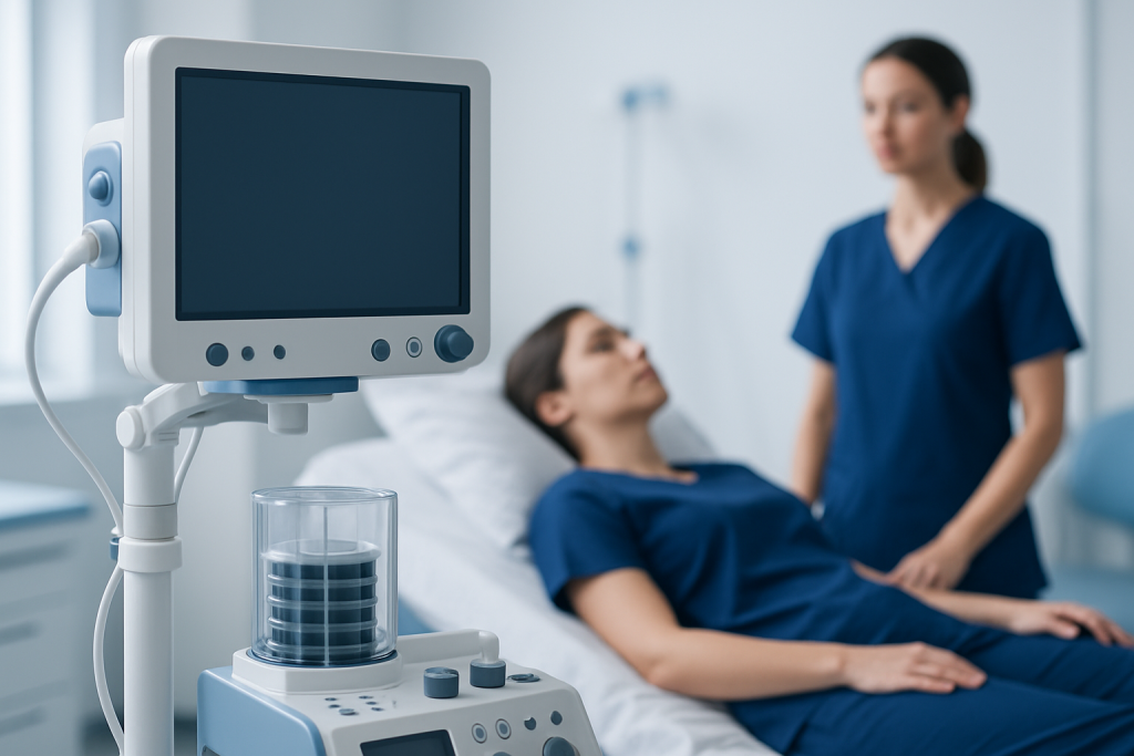 Medical monitor in hospital room with patient and nurse.
