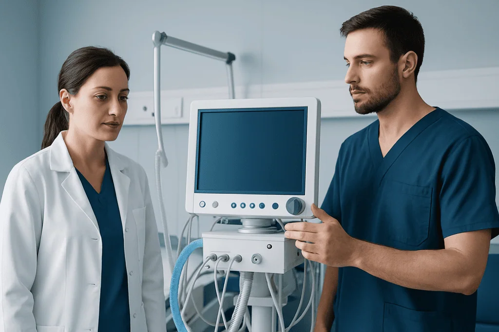 Medical professionals using ultrasound equipment in a hospital setting.