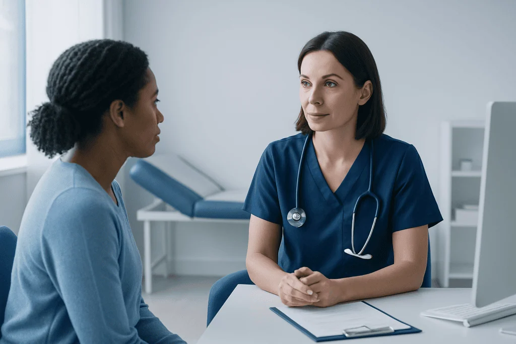 Doctor consulting with a patient in a medical office setting.