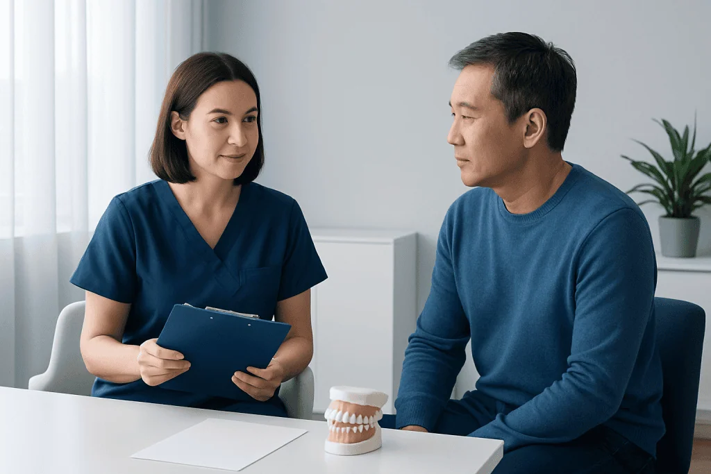 Dentist consulting with patient about dental treatment options.
