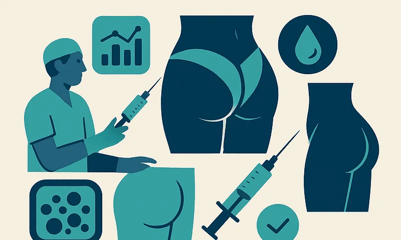 Illustration of cosmetic surgery procedures focusing on buttock enhancement.