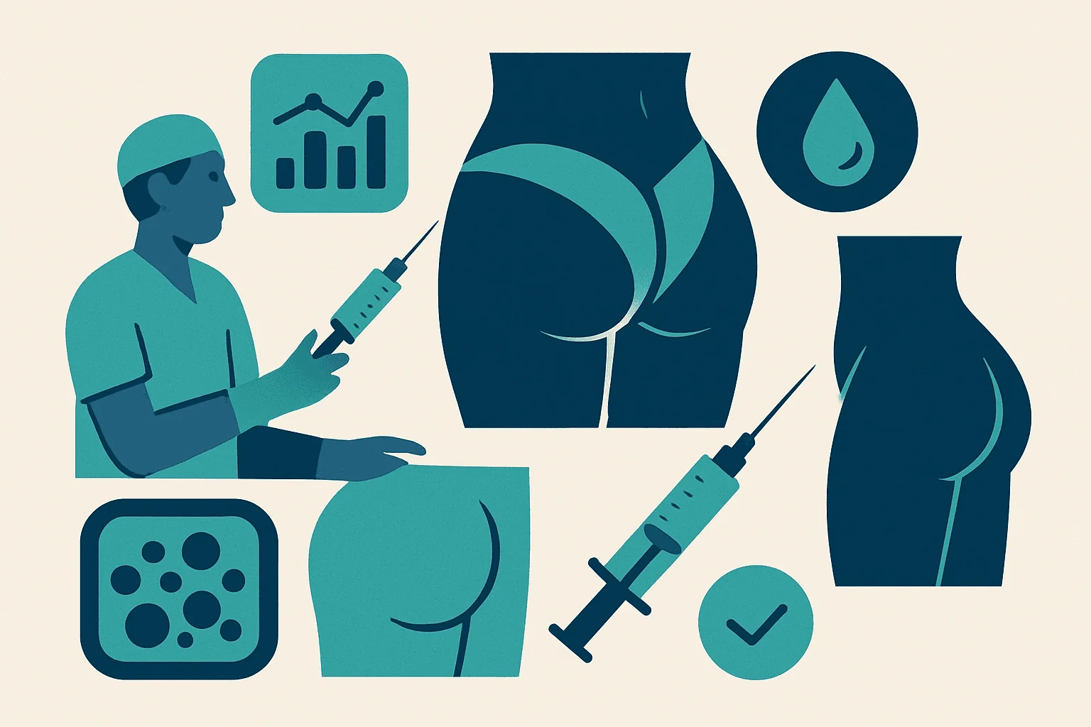Illustration of cosmetic surgery procedures focusing on buttock enhancement.