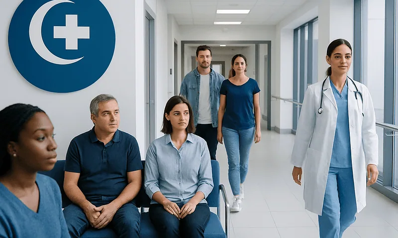 Medical team waiting in hospital corridor with doctor leading.