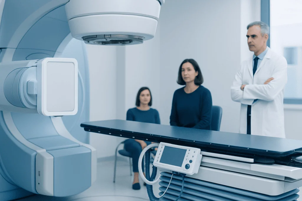 Medical professionals prepare for a diagnostic imaging procedure in a modern hospital.