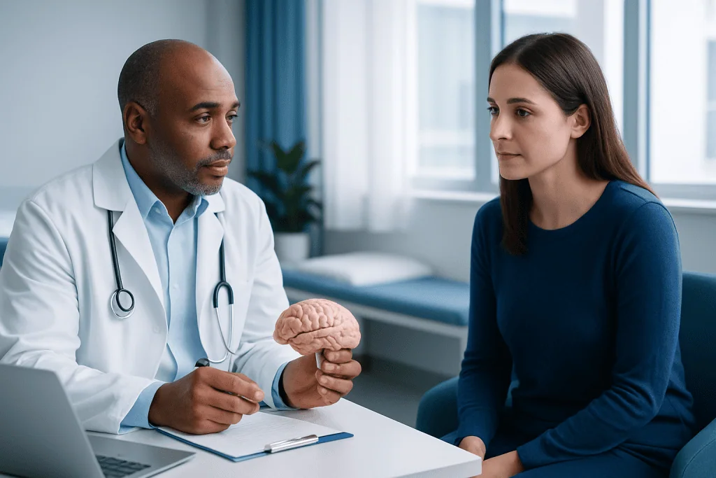 Doctor explaining brain tumor causes to a patient in a consultation room.