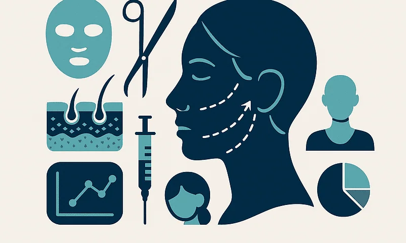 Illustration of facelift procedure with surgical tools and facial analysis.