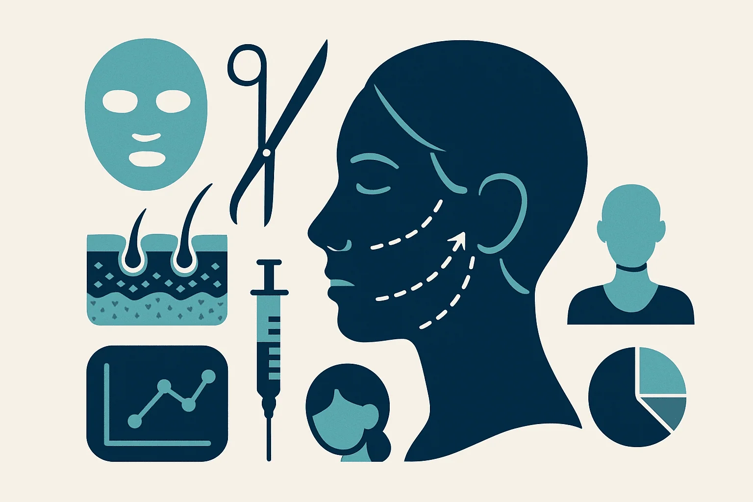 Illustration of facelift procedure with surgical tools and facial analysis.