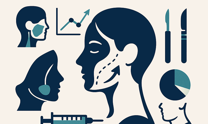Medical illustration of facial surgery and cosmetic procedures.
